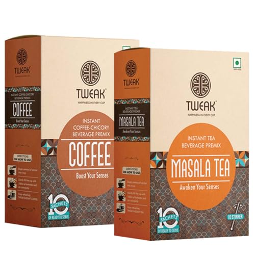 Image of Tweak Instant Tea Premix Coffee Powder & Masala Tea Sachet Combo (20 Sachets) |Desi Indian Chai Tea Premix Powder | (16g X 10 Sachets in One Pack) (Pack of 2, Masala Chai + Coffee Powder)