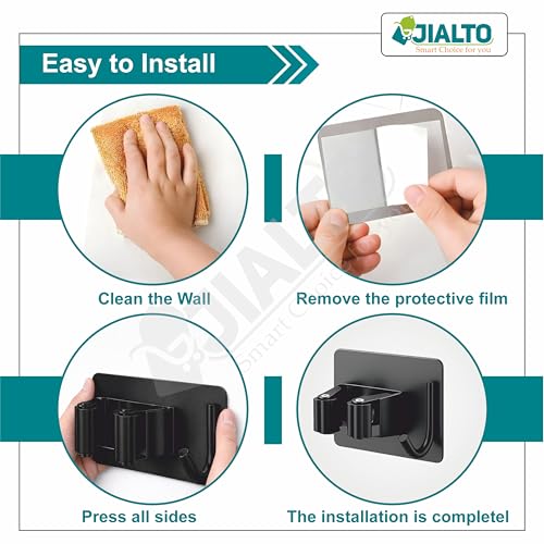 Image of JIALTO 1 PCS Adhesive Broom Holder Wall Mounted - Stainless Steel Mop Holder for Bathroom & Kitchen, No Drill Wall Organizer for Broom Stick, Cleaning Tools Hanger Black