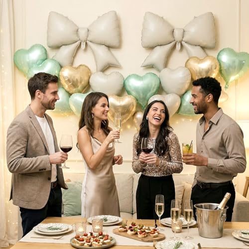 Image of 12 Pcs 18 Inch Heart Balloons and 38 Inch Bow Balloons, Large Foil Bow Heart Balloon Bow Party Decorations for Birthday Baby Shower Valentines Wedding Party
