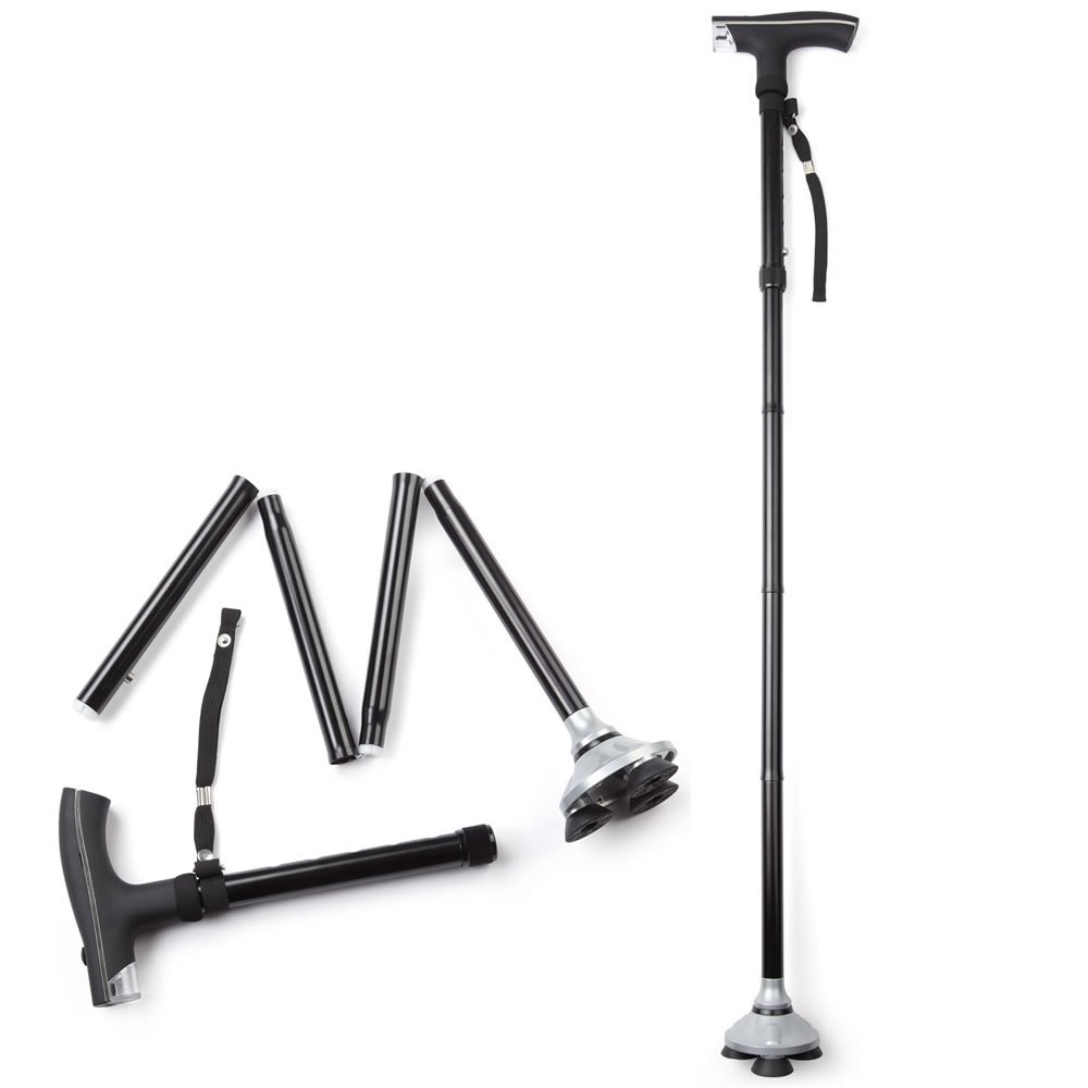 Jazooli Adjustable Folding Walking Stick Pole Cane with LED Light, Walking Aid, Lightweight, Collapsible, Fashionable, Foldable, Travel, Holiday, Stick, Easy Fold up - for Men, Women, Elder