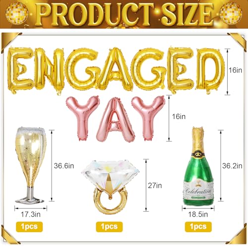 Image of Gold Engagement Party Decorations, Engaged Yay Balloons Letters Banner, Diamond Ring Green Champagne Bottle Balloon Glass Foil Balloon for Bachelorette Engagement Wedding Bridal Shower Party Supplies