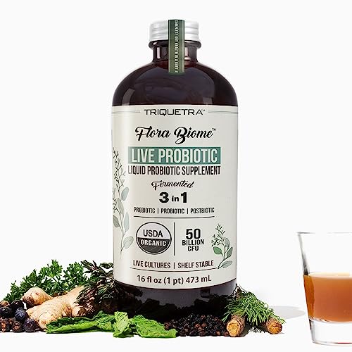 Flora Biome - Live Probiotic, Prebiotic & Postbiotic – Organic Live-Culture – 10 Probiotic Strains, 19 Fermented Herbs, 50 Billion CFU - Complete Gut Health & Microbiome Optimizer (16 oz)