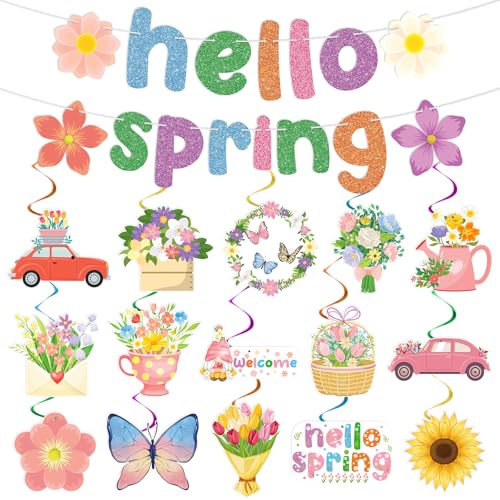 Image of Hooqict Spring Party Decorations Hello Spring Banner with 15Pcs Flower Butterfly Hanging Swirl Ceiling Streamers for Springtime Easter Birthday Party Decorations Home Office Classroom Garden Decor