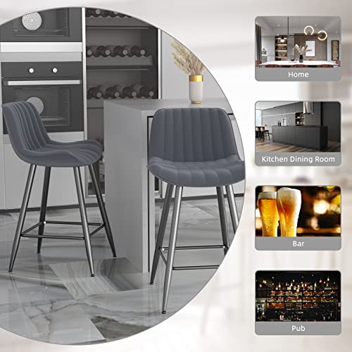 Sucrever Bar Stools Set Of 2, 24" Bar Chairs Leather Counter Height Bar Stools With Back Silver Metal Legs And Footrest, Modern Bar Stools Barstools For Kitchen Counter Bistro Pub, Gray #TOP6