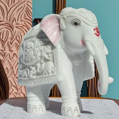 White Elephant Statue Trunk Down Hathi Figurine Big Size 7 inch Elephant Marble Resin Decorative Showpiece for Vastu, Study Room, Work Table, Gifting (7 x 8 inch) — photo — 2 of 9