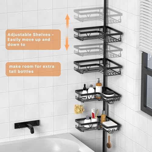 Image of KEGII Corner Shower Caddy Tension Pole - Shower Tension Rod Organizer, Floor to Ceiling Shower Caddy 25-114.2 inch, Towel Rack Corner Waterproof, Black