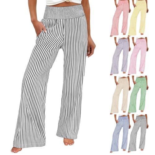 Striped Linen Pants for Women Flowy Highwaisted Pants Wide Leg Elastic Waist Trousers with Pockets Black