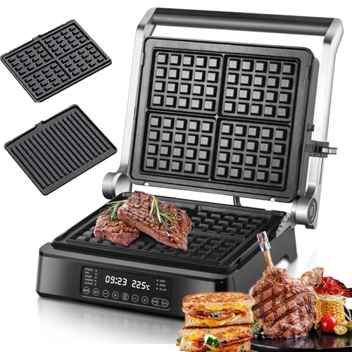 Parrilla Eléctrica Y Prensa Panini Sandwichera 3 En 1 con 5 Modos Automáticos, Placas con Revestimiento Antiadherente, Giro De 180°, Panel Táctil Led, Control De Temperatura De 230 ℃