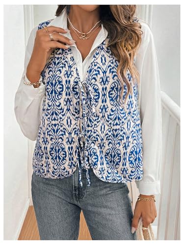 OYOANGLE Women's Floral Print Sleeveless Boho Vest Tops Lightweight Tie Front V Neck Vintage Waistcoats3