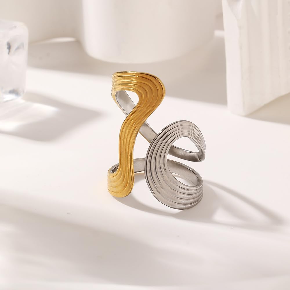 Chunky Rings for Women,Gold Silver Two Tone Asymmetrical Wavy Curve Open Ring Dainty Adjustable Stainless Steel Wrap Around Ring Fashion Minimalist Statement Jewelry Accessories - Image 4