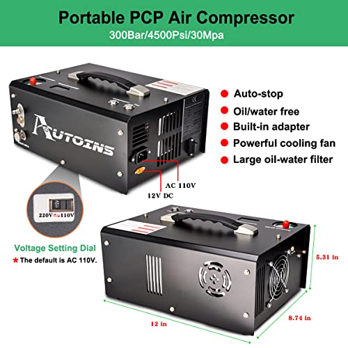 AUTOINS PCP Air Compressor,Auto-shutoff 4500Psi/30Mpa Oil/Water-Free Set-pressure Air Gun and Paintball Tank Pump with Water/Oil Separator,Built-in Power Adapter(110V AC or 12V Car Battery)