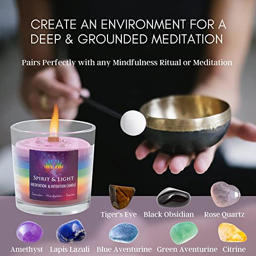 Spirit & Light Chakra Candles With Crystals Inside - 14 Oz Spiritual Candle For Meditation - Vanilla Scent Rainbow Colored Candles With Chakra Stones In A Bag #TOP3