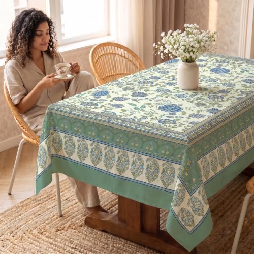 Image of Urban Space 100% Cotton Dining Table Cover 6 Seater, Jaipuri Handblock Cotton Table Cloth for Center Table, Dining Room Table Cover (Size 48 inch x 92 inch - 6 Seater, Gulbagh Sage Green)
