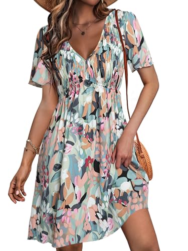 Image of Simplee Womens Summer Casual V Neck Dress Sexy Short Sleeve Mini Sundress Boho Western Empire Waist Pocket Dresses 2026