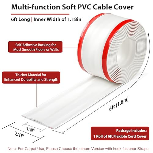 Image of ZhiYo 6ft Cord Cover for Wires on Floors or Walls, 2.2in Wide, White | Soft PVC self-adhesive cord hider, easy to cut and install, ideal for 1-2 cables, extension cord, Ethernet and speaker cables