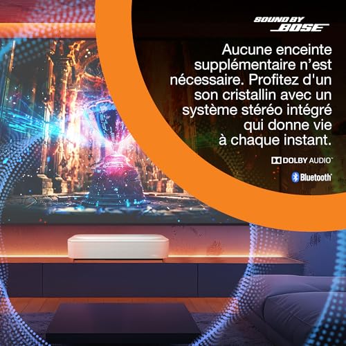 Epson Lifestudio Grand Plus EH-LS970W | Projecteur Laser Ultra Courte Focale | Home Cinéma 4K | 4 000 Lumens | Amélioration d’image par IA | Son BOSE | GoogleTV | Écran 150”max | Garantie5 Ans | Blanc