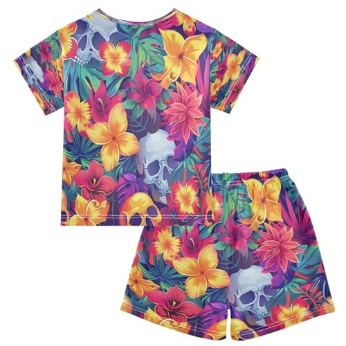 senya Short Sleeve Pajamas Sets Summer Cotton Sleepwear Flowers and Skulls2