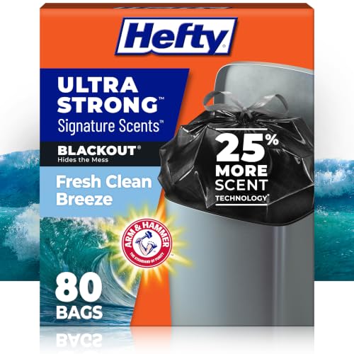 Hefty Ultra Strong Signature Scents 13G Trash Bags, Fresh Clean, 80ct | 13 Gallon Black Kitchen Trash Bags with 25% More Scent Technology, Resists Leaks, Punctures, Tears, Odor Control