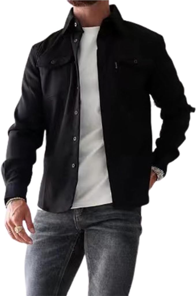 ArknAv Men's Button Down Shirt Jacket Casual Stylish Shirt Jackets Casual Youth Men's Shirt(Black,XL)