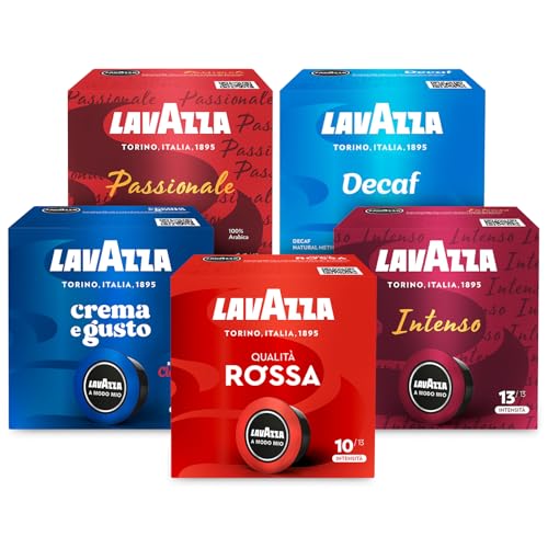 Lavazza A Modo Mio, Mix di Capsule Qualità Rossa, Crema e Gusto, Dek Cremoso, Passionale e Intenso, 180 Capsule Caffè, 5 Confezioni da 36 Capsule