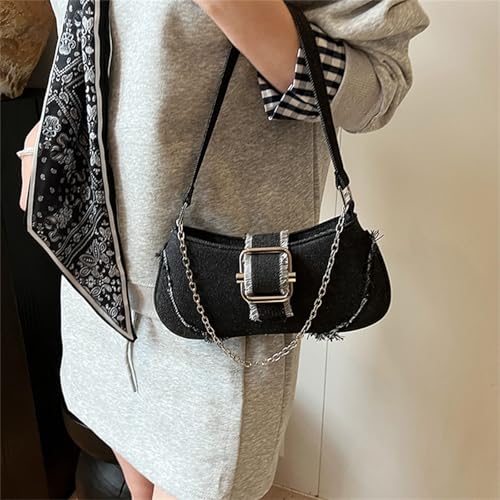 Stylish Jean Shoulder Bag With Chain Detail For Women Casual Travel Compact Armpit Purse Outdoor Essential Handbag Phone Stor3