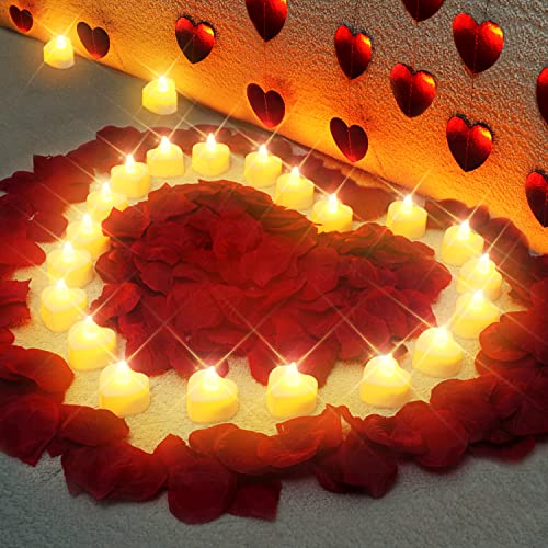 Homemory 24Pcs Led Tea Lights Candles Battery Operated Romantic Heart Candles With 1000Pcs Fake Red Rose Petals & 5Pcs Heart Garland Banner For Valentine's Day Wedding Proposal Decorations Anniversary #TOP26