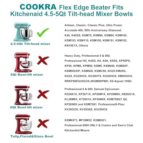 Flex Edge Beater for Kitchenaid Mixer Accessory,Kitchen Aid Attachments for Mixer,Fits Tilt-Head Stand Mixers for 4.5-5 Quart Bowls,Flat Beater Paddle with Both-Sides Flexible Silicone Edges by COOKRA