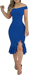 Women's Evening Dresses Sexy Off Shoulder Slim Fit Ball Dresses Elegant Shoulder Sleeves Ball Dresses Side Split Flounce Dresses Sexy Sleeveless High Waist Midi Wrap Dresses Plain Party Dresses Mini