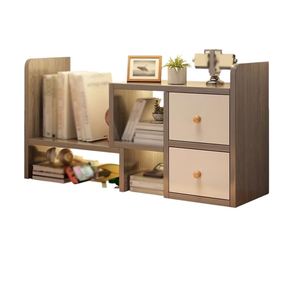 AYCDL Bookcase Expandable Desktop Bookshelf, Wooden Organizer Rack, with 2 Drawers Adjustable Display Rack, for Home Office Storage Shelf Display Shelf