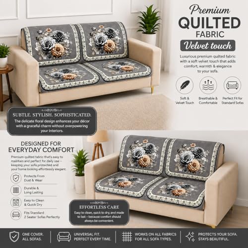 Image of Homerz 'Brooklyn Series' Premium Sofa Cover | Quilted Floral Design | Non-Slip Washable Sofa Protector | Soft Anti Slip Fabric (Grey, 2 Seater, Seat Cover with Backrest)