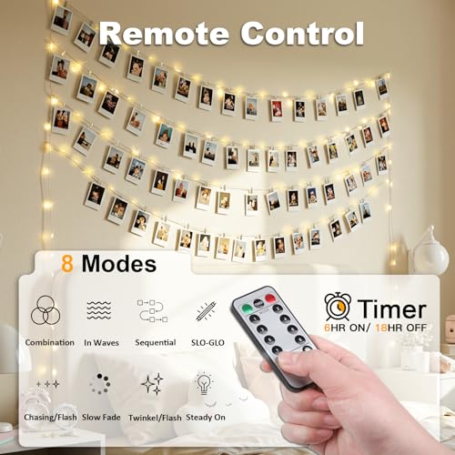 Image of suddus 16ft 50 LED Fairy Lights with Clips for Pictures, Photo Lights with Remote USB Powered & Battery Operated with 22 Clear Clips, String Lights for Party, Bedroom, Decoration, Warm White