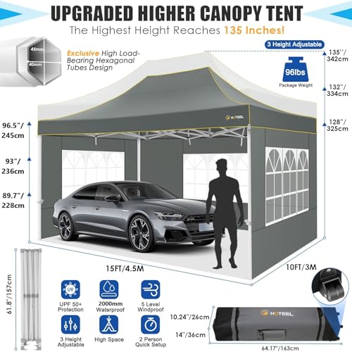 Image of HOTEEL 10x15 Pop Up Canopy Tent, Upgraded Thickened Hexagonal Legs, Gray | Upgraded pipes (1.77'', 0.7mm), 3-height adj, 420D waterproof & silver-coated fabric, ideal for events /beaches /markets