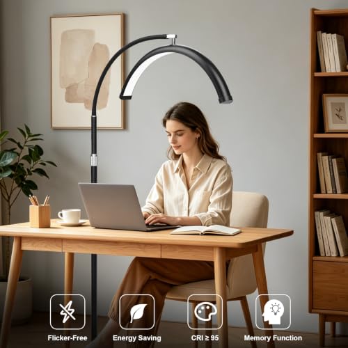 Image of Half Moon LED Floor Light with Tool Tray for Lash Techs, Eyelash Extensions, Estheticians, Skincare, Nail Art, Tattoo Artists, Home & Office - Professional Shadow-Free Lamp | Dimmable (Remote)