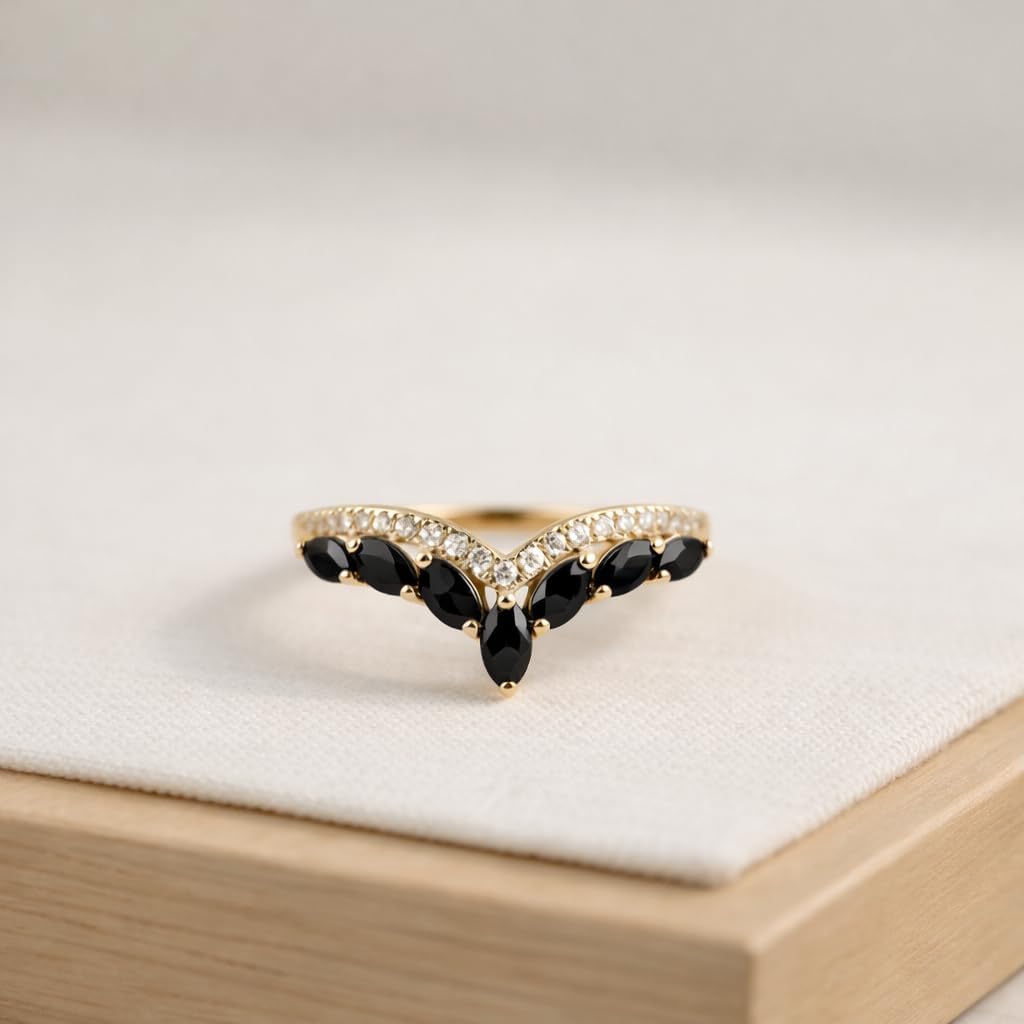 Black Marquise Onyx Ring 14K Solid Yellow Gold V Shaped Wedding Band with Diamond Accents Minimalist Crown Stacking Ring for Women Statement Fine Jewelry Gift