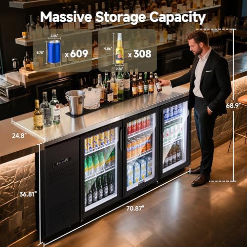Image of BODEGA BODEGACOOLER Commercial Bar Cooler with 3 Glass Doors, 20.5 Cu.Ft Back Bar Beverage Refrigerator for Beer Soda Wine,LED Lighting With Stainless Steel Top,Casters Kitchen Buffet Table Use