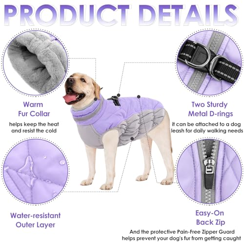 Image of AOFITEE Dog Coat, Warm Dog Winter Coat, Reflective Turtleneck Large Dogs Jacket with Harness Built in, Turtleneck Pet Winter Jacket, Waterproof Pet Snow Jackets Fleece Vest, Lilac XL