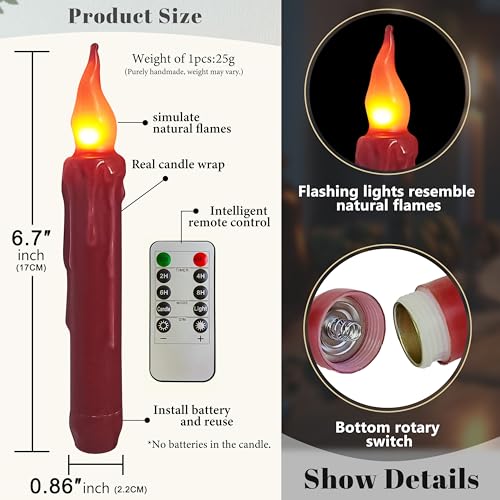 Image of Real Wax LED Flameless Christmas Short Taper Candles with Remote, 6.7 Inches Red Candlesticks, Dripless Battery Operated Flame Rustic Primitive Flameless Lights Holiday Decor, Pack of 2
