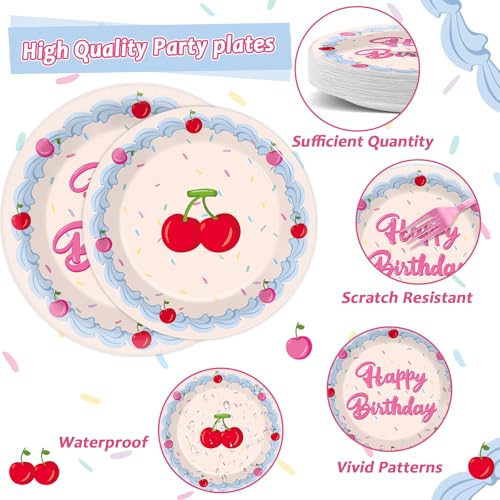 Image of 96pcs Cherry Happy Birthday Party Decoration Pink Cherry Cake Paper Plates and Napkin Blue Cream Border with Rainbow Sprinkles Tableware Set Pink Icing Party Supplies for Girl Women Birthday Serves 24