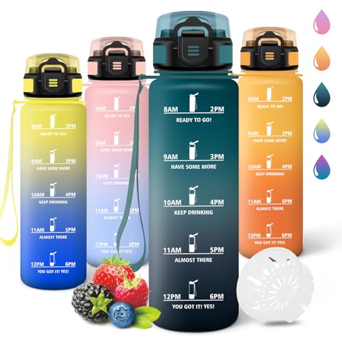 Motswedi Botella agua 1 litro, a Prueba de Fugas, Cantimplora, Reutilizable, Botella agua Gimnasio, con Marcador de Tiempo, botellas Gym para Yoga, Oficina, Gym, Verde&Gris