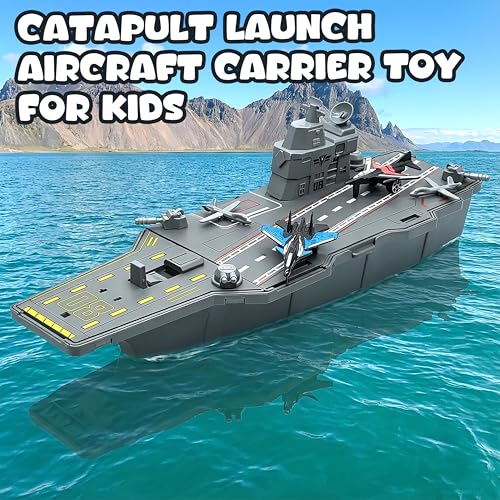 Image of VGRASSP Navy Battle Ship Aircraft Carrier Toy Set for Kids with Fighter Jets, Soldier Figures, Runway Deck - Army Style Pretend Play Warship Playset - Color As Per Stock