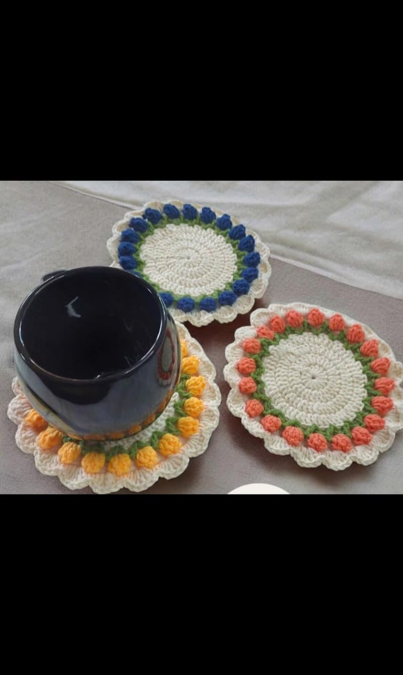 Handmade Crochet Tulip Flower Coasters, Set of 6, Multicolour | Knitted Cotton Yarn, Round Scallop Edge, Table Decor, Cup Mat, Boho Home Decor-image-23
