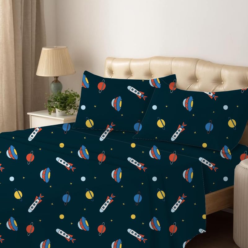 Image of Bedsheet for Single Bed with 2 Pillow Covers Breathable | Outer Space Adventure Single Bed Sheet - Planet Spaceship
