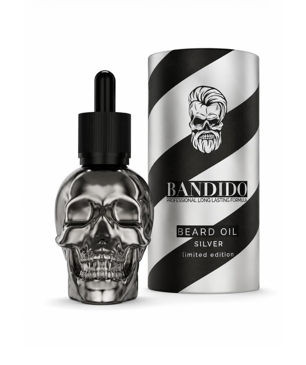 Bandido Aceite para barba para el cuidado diario de la barba de 3 días o barba completa, aceite de barba como regalo para hombres, 40 ml con dispensador de pipeta, diseño de calavera, sérum para