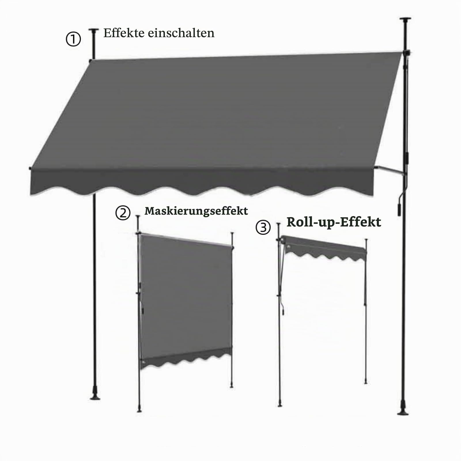 ORNDYDM Klemmmarkise, 3m Breit, Balkon Markise, Einfache Montage, 300cm(9.8ft) Grau Garten