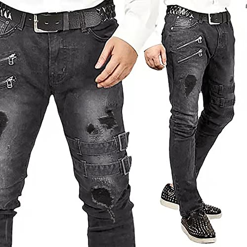 Men's Skinny Zipper motorcycle jeans,Ripped Stretch Distressed Men Pants Casual Streetwear Trousers 20254