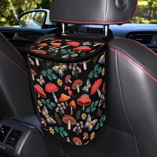 Image of Car Trash Can with Lid Leak Proof Cars Trash Bag Hanging Sedan Garbage Can Accessories Multipurpose Storage Container for Back Seat, Forest Mushroom Floral