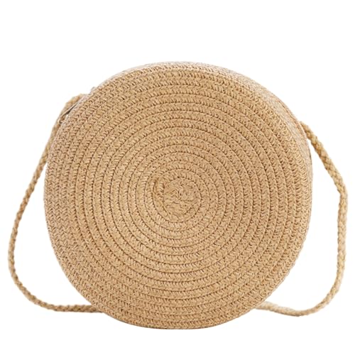 Straw Bag for Women Round 6.5in Woven Bag Single Shoulder Casual Woven Purse Zippered Solid Color Portable Lady