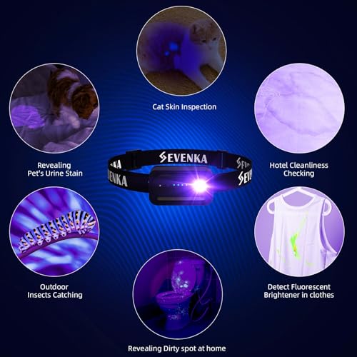 Image of SEVENKA 2 UV Headlamp Flashlight Black Light, Rechargeable LED Hand Free Mini UV Blacklight 395nm Head Lights with White & Ultraviolet Light, Detector for Pet Dog /Cat Urine Stains,Bed Bug,Scorpions