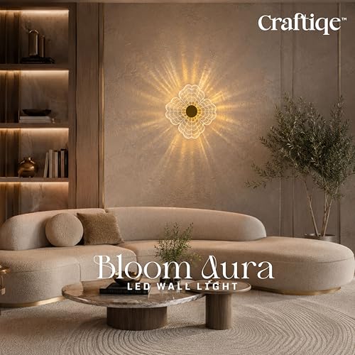 Image of Bloom Aura LED Wall Light, 3-in-1 Colour Adjustable Flower Wall Lamp, Acrylic Gold Finish Decorative Light for Bedroom, Living Room, Staircase, Office & Hotel, 24x24 cm (Bloom Aura)