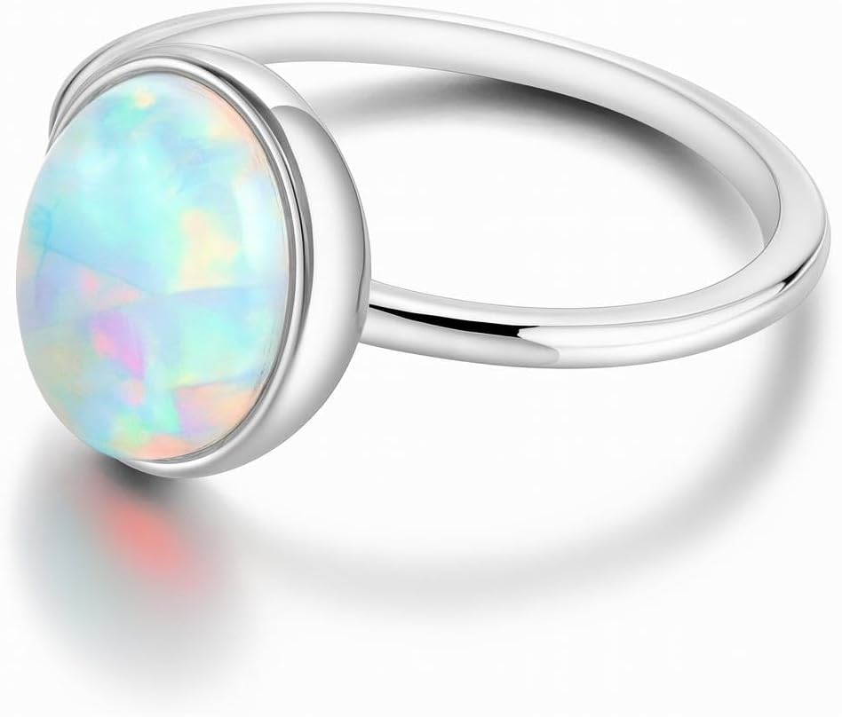 Ello Elli Created Rainbow Opal Ring for Women, Oval Opal Color Play Ring, 1.5mm Stainless Steel Minimalist Band, Stacklable October Birthstone Gift - Image 2